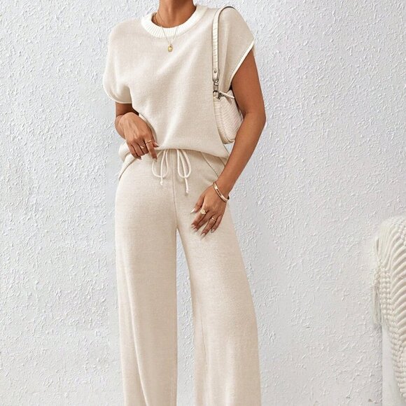 Tops - Apricot Casual Women's Loose-Fit Color Block Knitwear Set With Drawstring Hem